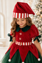 Luxury Christmas Elf Dress Set – Handmade Velvet Holiday Costume for Girls