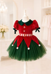 Luxury Christmas Elf Dress Set – Handmade Velvet Holiday Costume for Girls