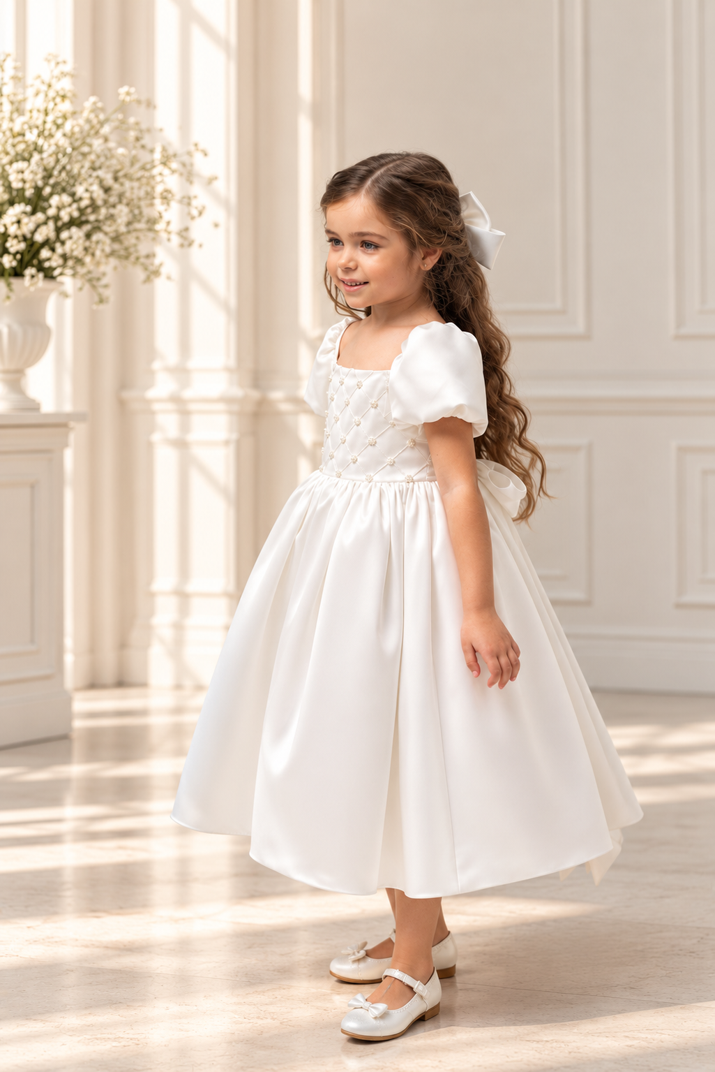 Elegant Satin Pearl Dress for Girls | Puff Sleeve Special Occasion Dress