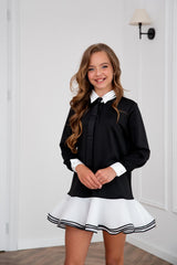 Black Knit School Dress for Girls with Removable Tie | White Organza Ruffle Dress