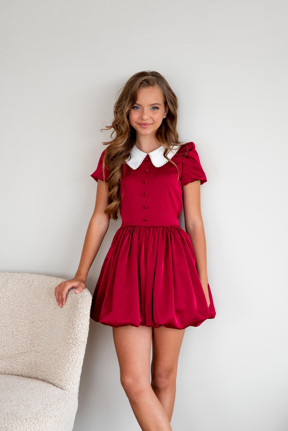 Burgundy Girls Balloon Dress, Peter Pan Collar, Handmade Holiday Party Dress