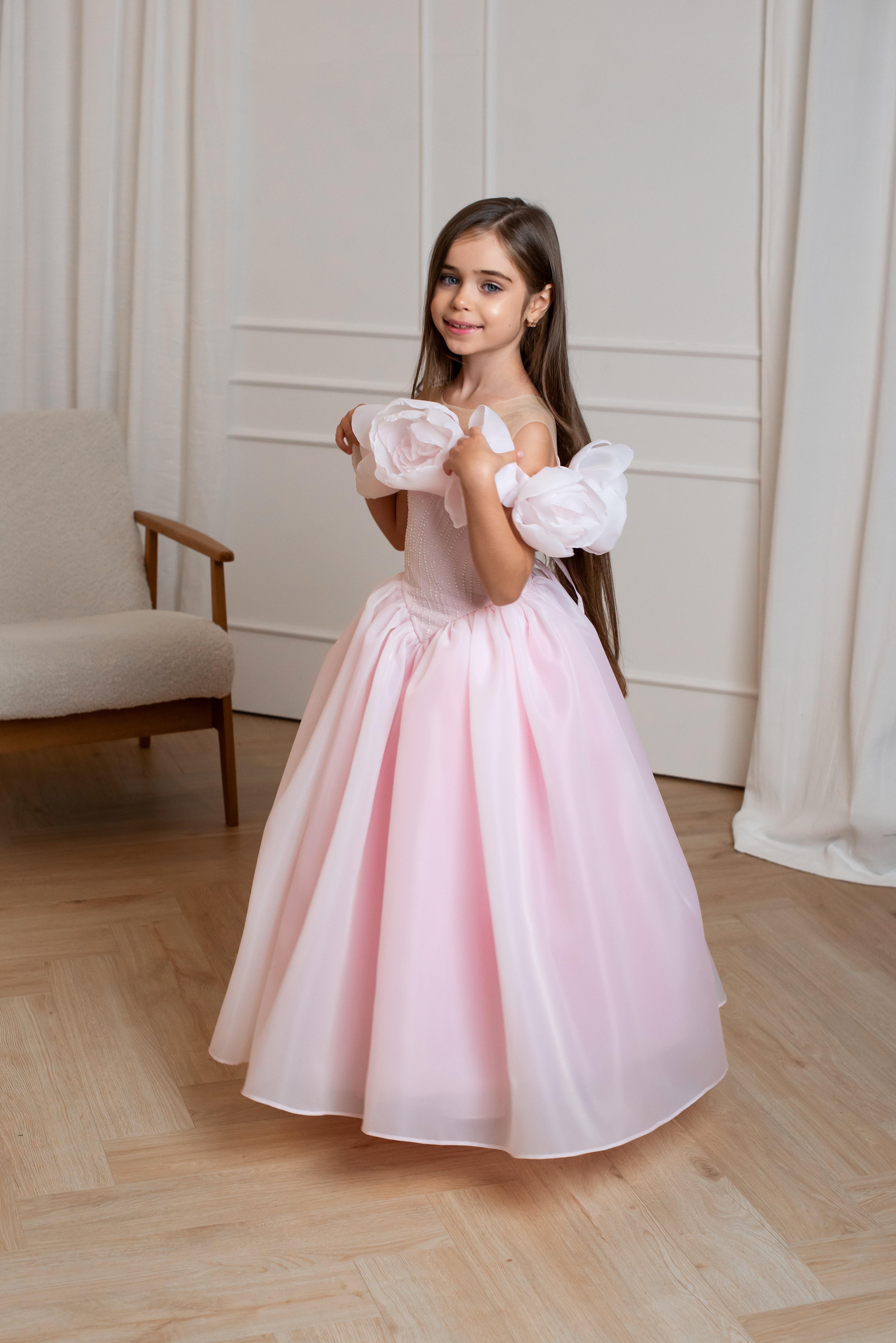 Girls’ Organza Dress with Handmade Bloom Details