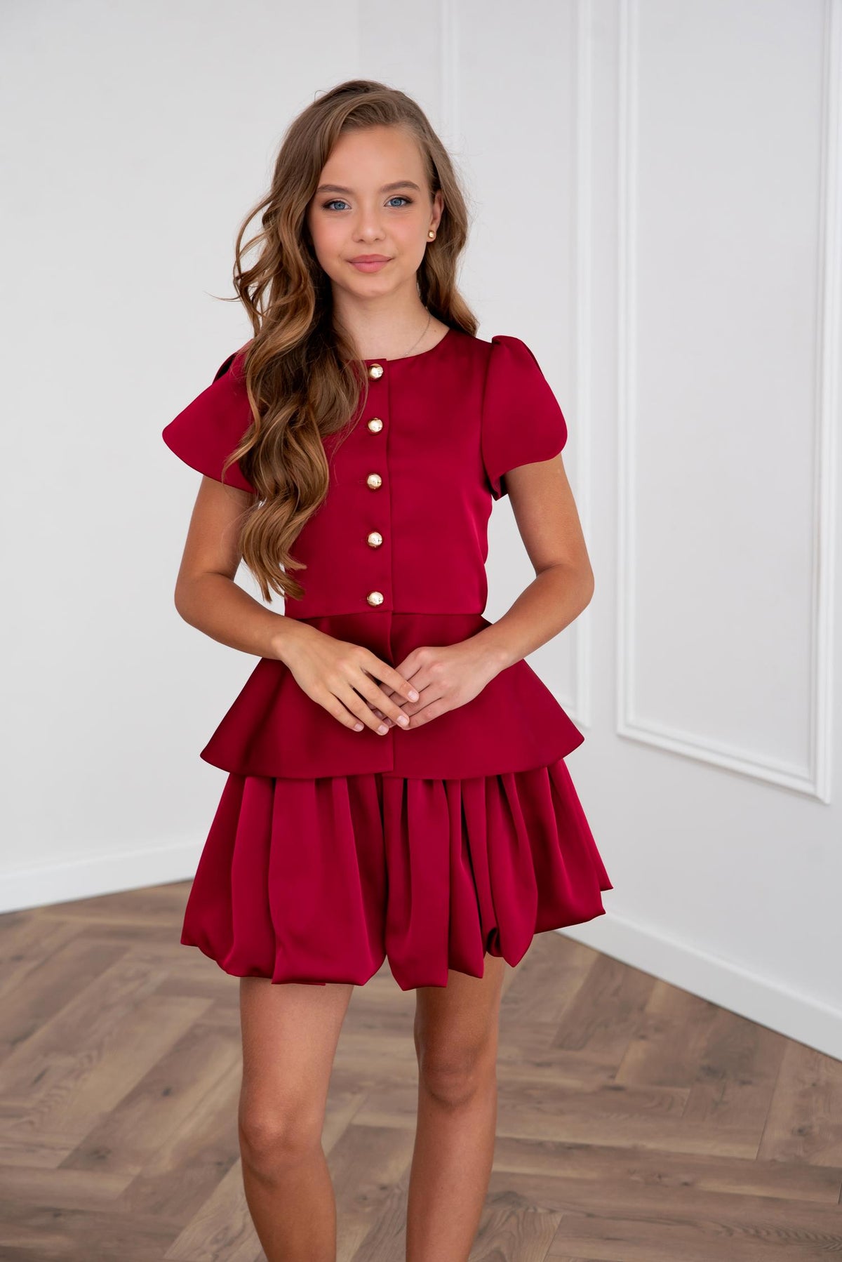 Burgundy Girls Peplum & Balloon Skirt Set, Elegant Two Piece Outfit, Formal Kids Outfit, Birthday Dress Set, Holiday Clothing