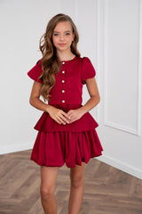 Burgundy Girls Peplum & Balloon Skirt Set, Elegant Two Piece Outfit, Formal Kids Outfit, Birthday Dress Set, Holiday Clothing