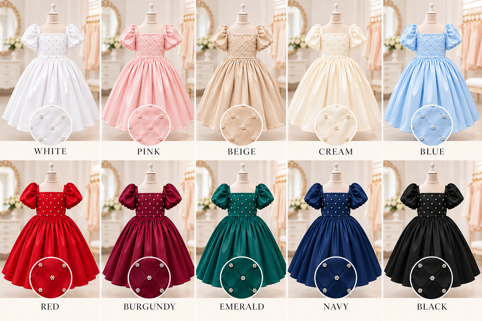 Elegant Satin Pearl Dress for Girls | Puff Sleeve Special Occasion Dress