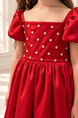 Elegant Satin Pearl Dress for Girls | Puff Sleeve Special Occasion Dress