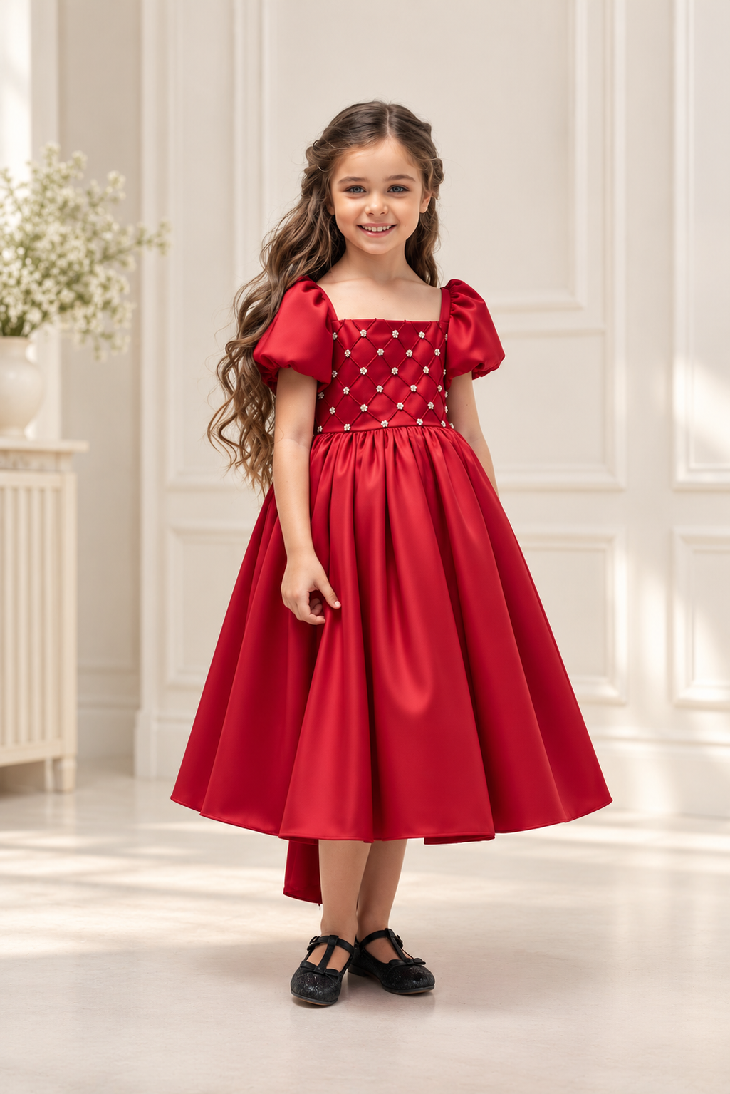 Elegant Satin Pearl Dress for Girls | Puff Sleeve Special Occasion Dress