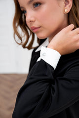 Black Knit School Dress for Girls with Removable Tie | White Organza Ruffle Dress