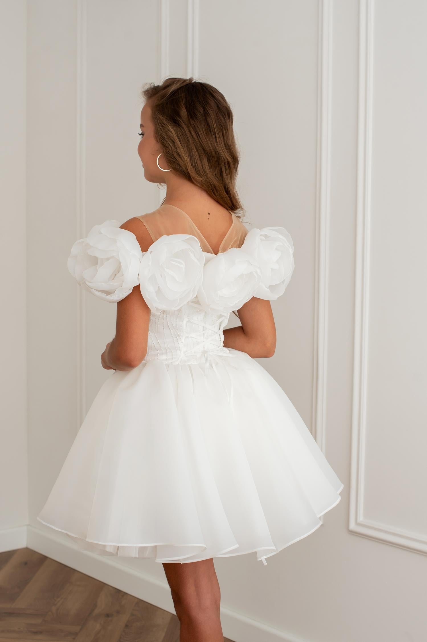 Girls’ Organza Dress with Handmade Bloom Details