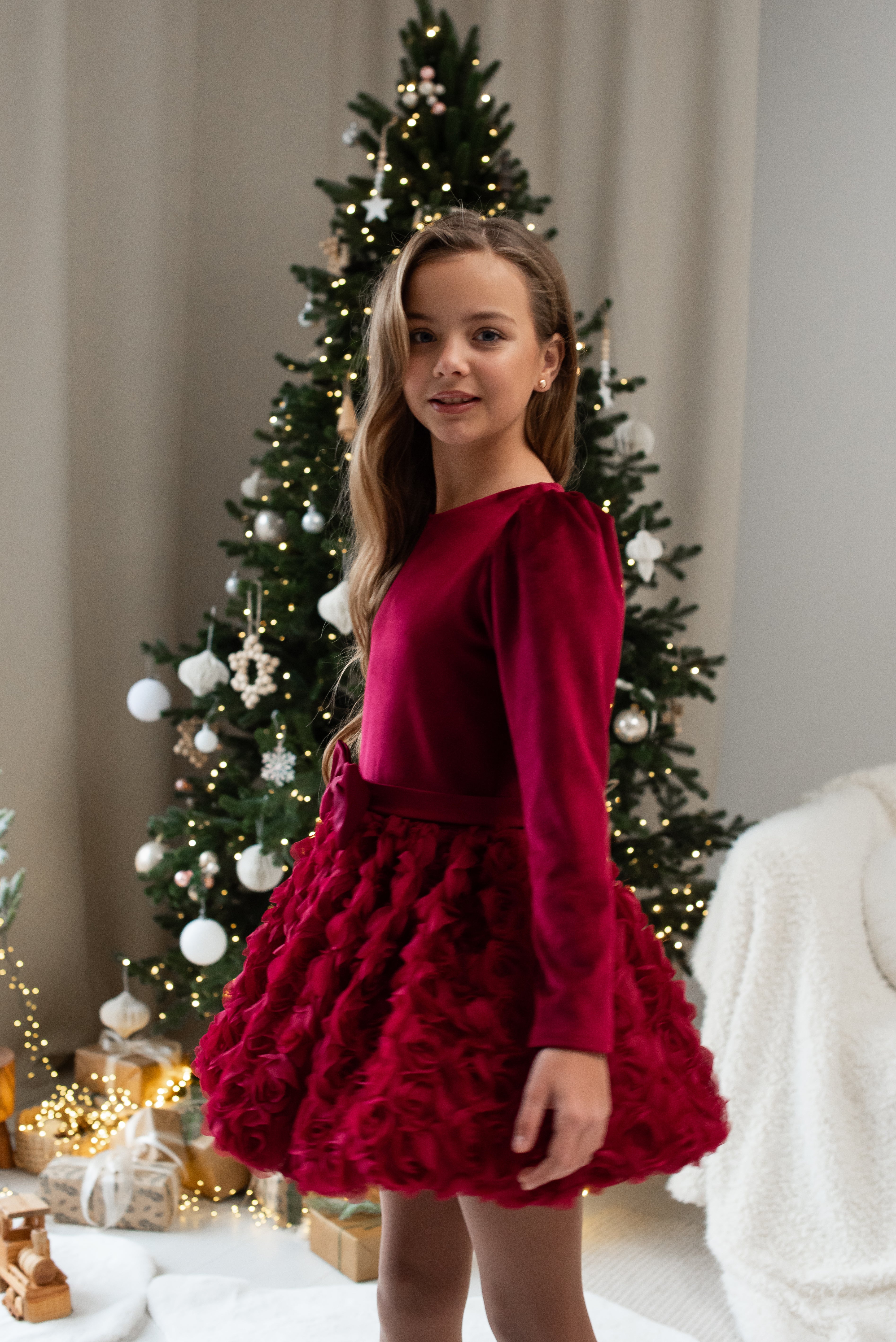 Luxury Velvet & 3D Rose Dress for Girls – Handmade Special Occasion Dress