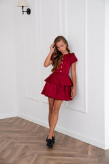 Burgundy Girls Peplum & Balloon Skirt Set, Elegant Two Piece Outfit, Formal Kids Outfit, Birthday Dress Set, Holiday Clothing