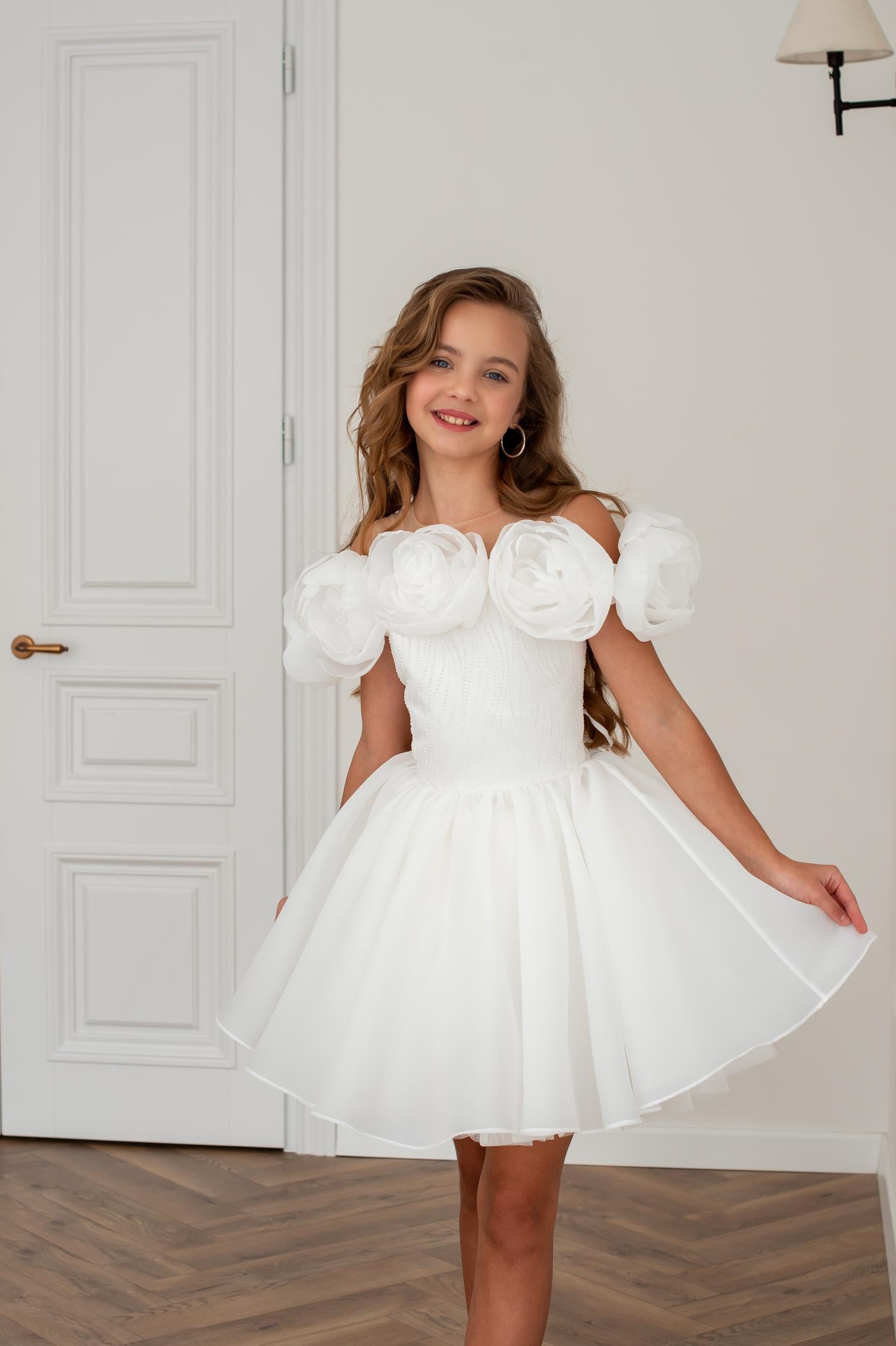 Girls’ Organza Dress with Handmade Bloom Details