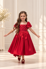 Elegant Satin Pearl Dress for Girls | Puff Sleeve Special Occasion Dress