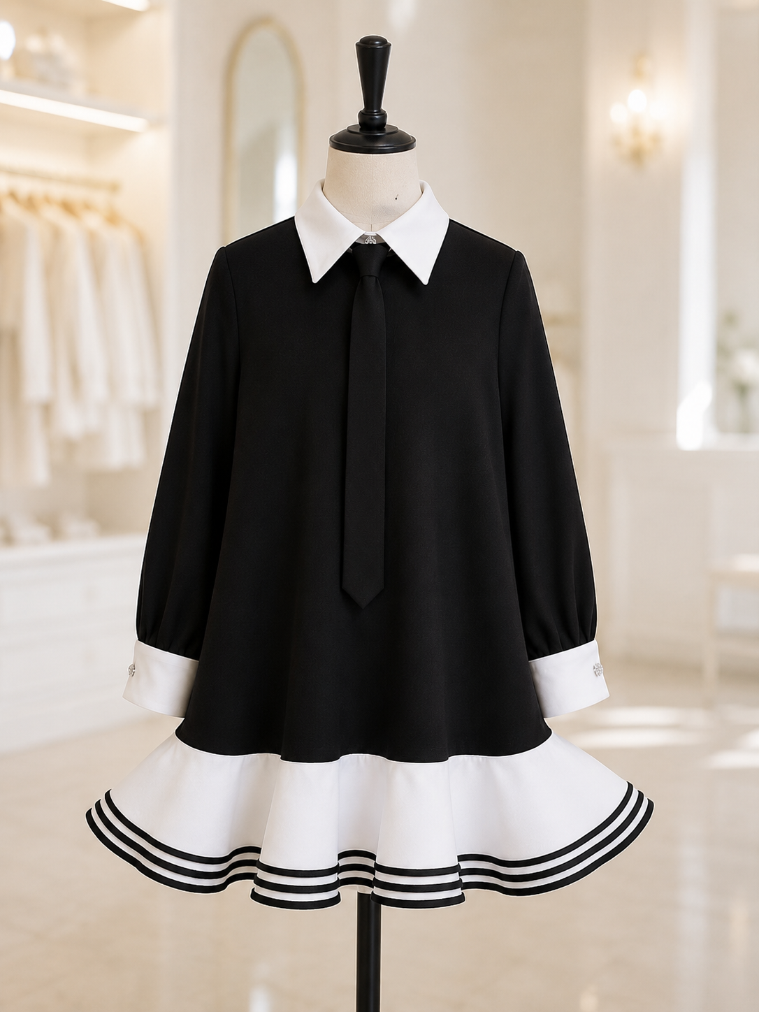 Black Knit School Dress for Girls with Removable Tie | White Organza Ruffle Dress