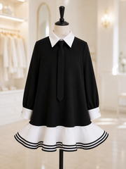 Black Knit School Dress for Girls with Removable Tie | White Organza Ruffle Dress