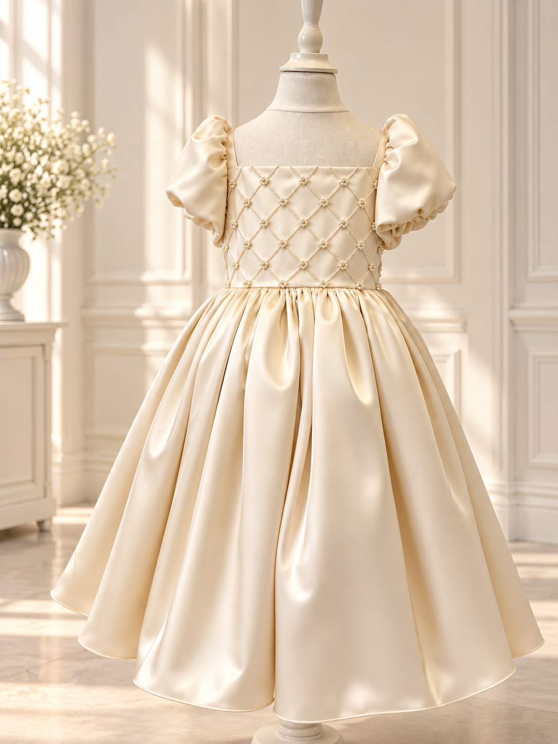 Elegant Satin Pearl Dress for Girls | Puff Sleeve Special Occasion Dress