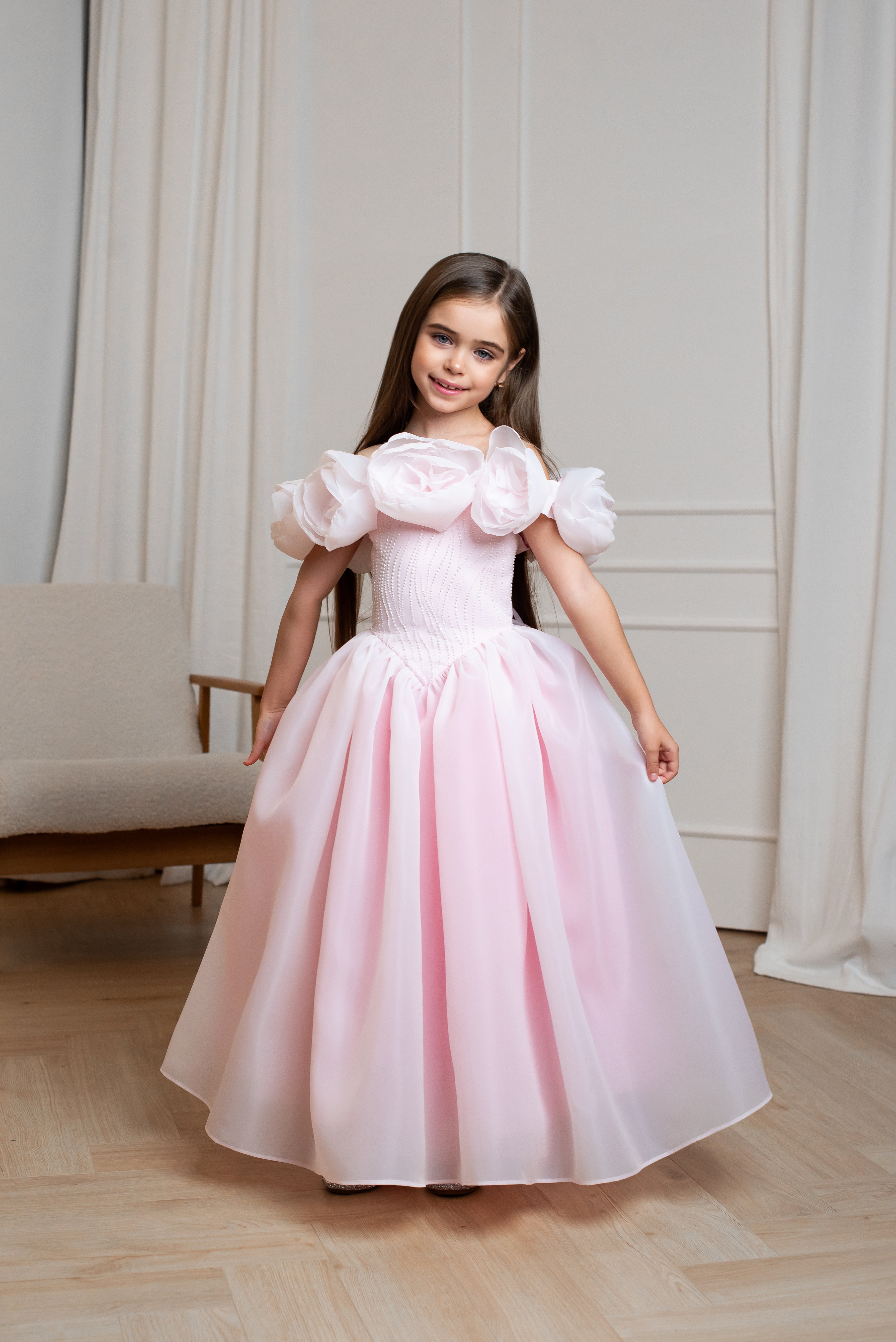 Girls’ Organza Dress with Handmade Bloom Details