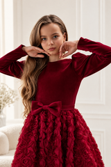 Luxury Velvet & 3D Rose Dress for Girls – Handmade Special Occasion Dress