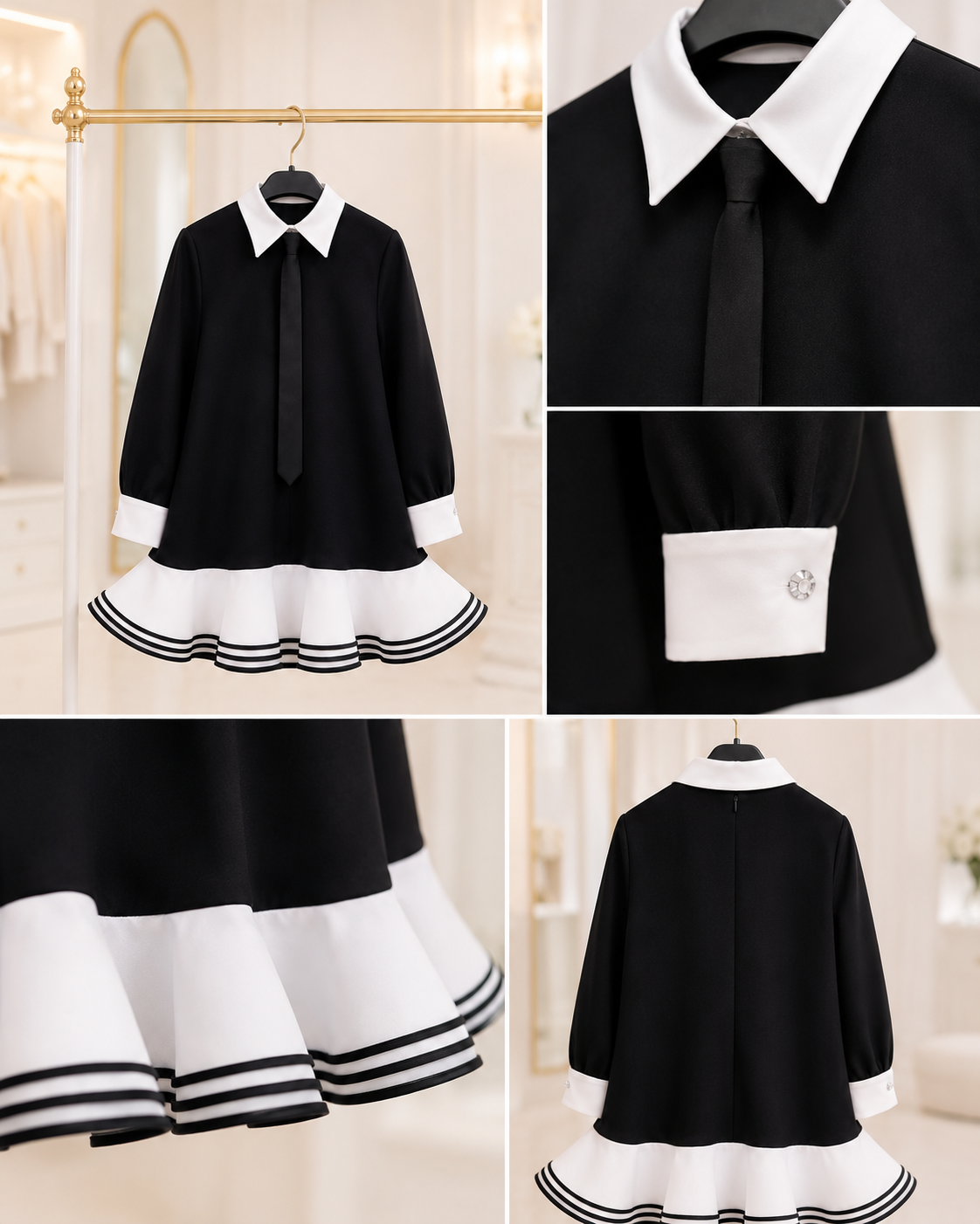 Black Knit School Dress for Girls with Removable Tie | White Organza Ruffle Dress