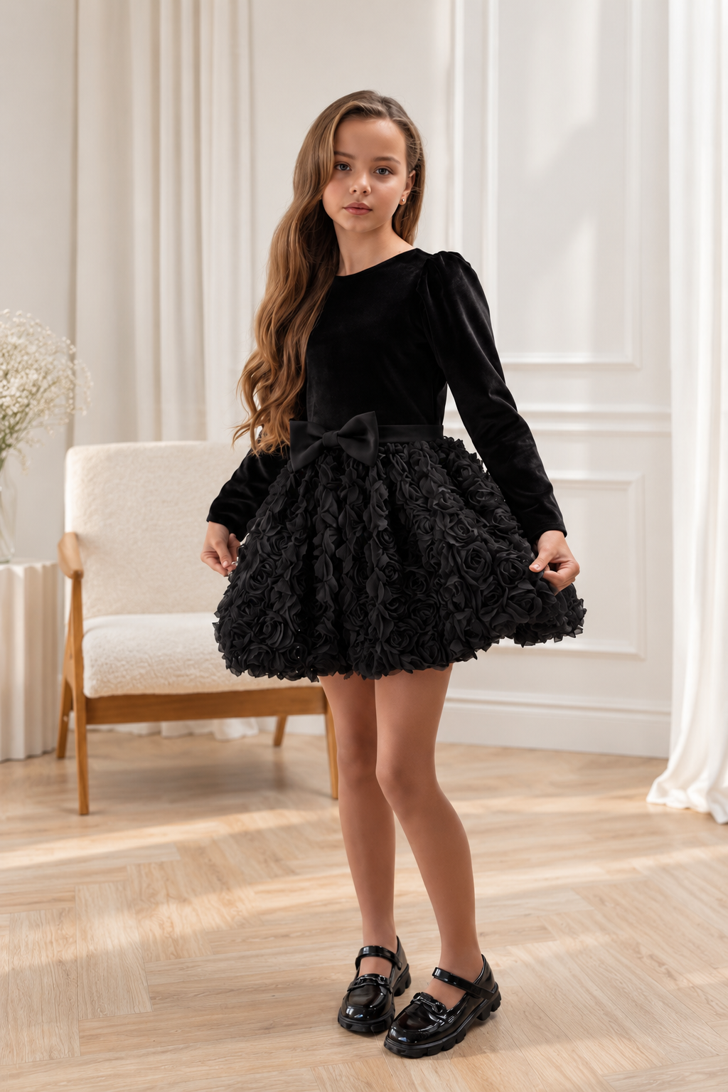 Luxury Velvet & 3D Rose Dress for Girls – Handmade Special Occasion Dress
