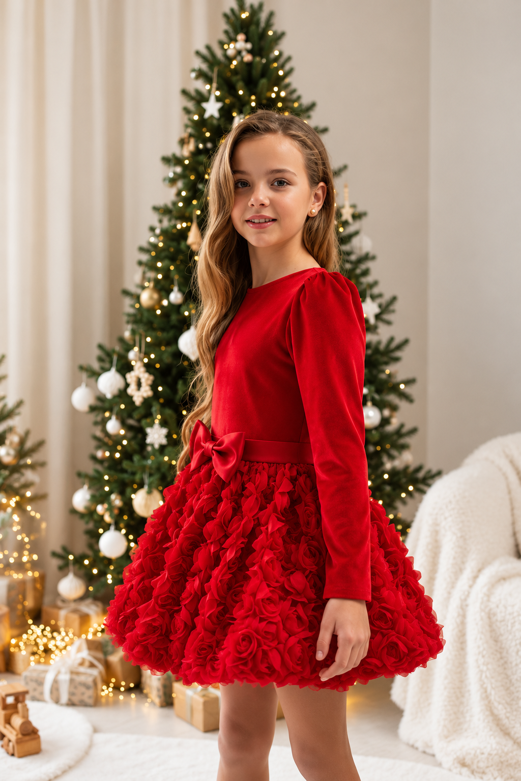 Luxury Velvet & 3D Rose Dress for Girls – Handmade Special Occasion Dress