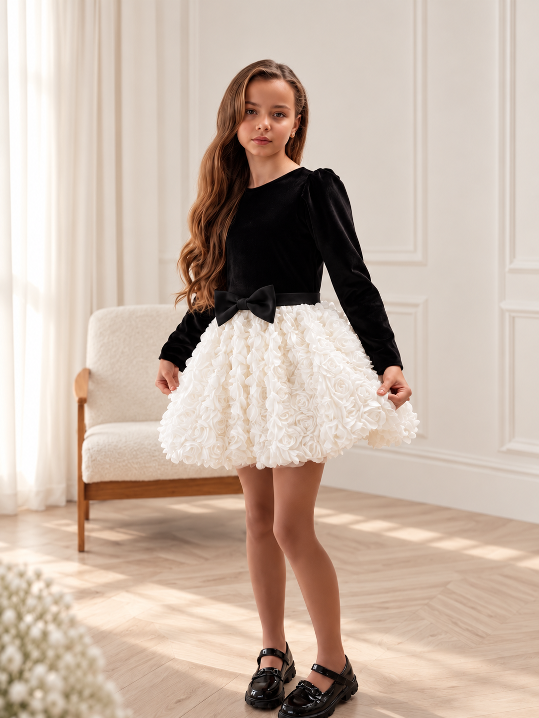 Luxury Velvet & 3D Rose Dress for Girls – Handmade Special Occasion Dress